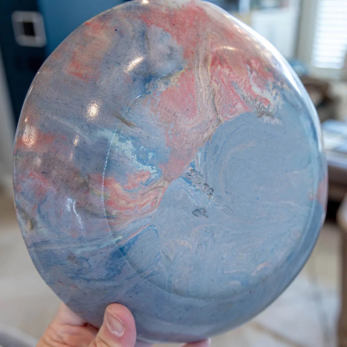 #02 Large Stoneware Nerikomi Decorative Serving Bowl - Blues with swirls of Reds, Teals, Creams (Color Spectrum Series) - Dan Pearce Ceramics