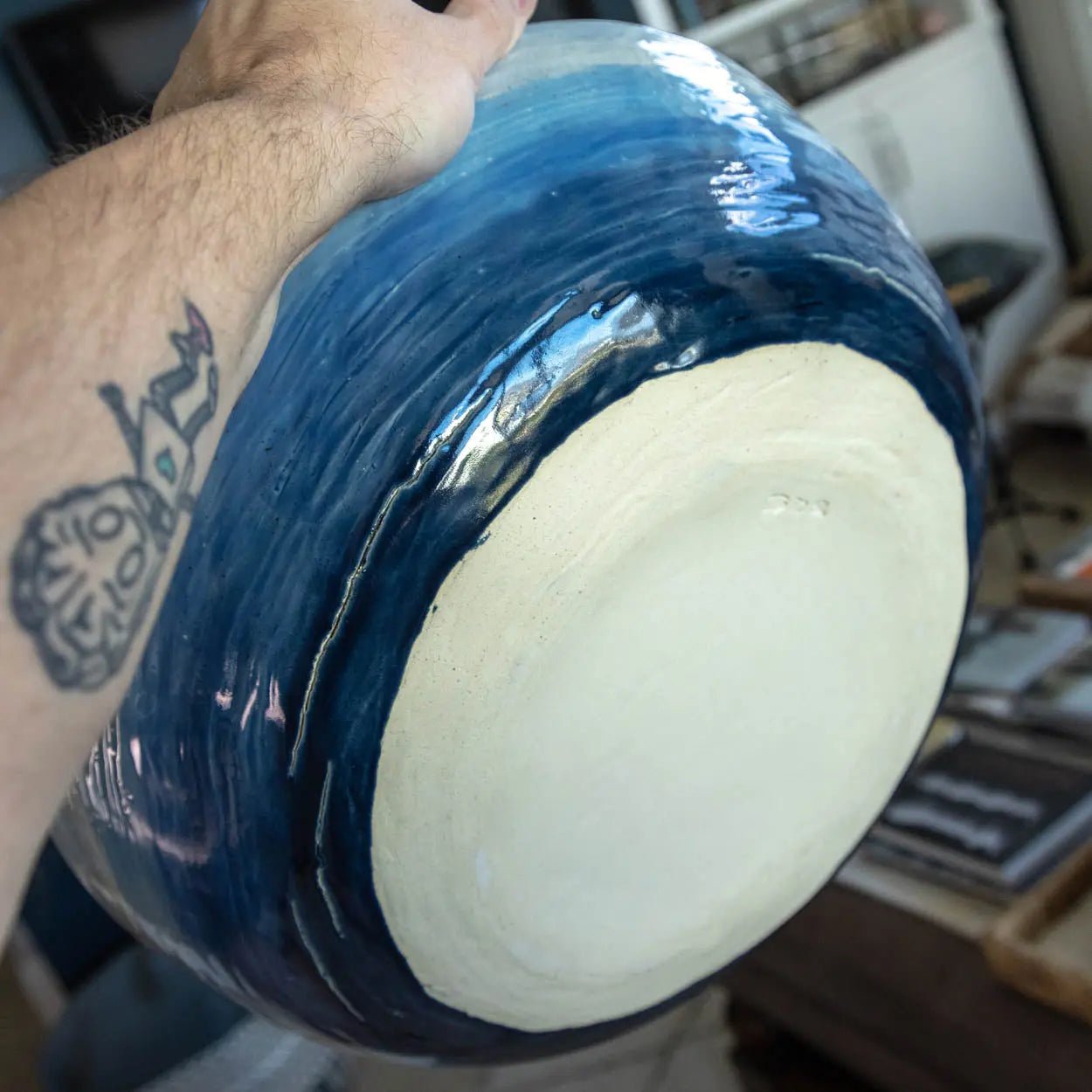 #16 GIANT 18 Quart Stoneware Decorative Serving Bowl - "Moby Dick" ombre blue exterior rainbow interior (Color Spectrum Series) SECONDS - Dan Pearce Ceramics