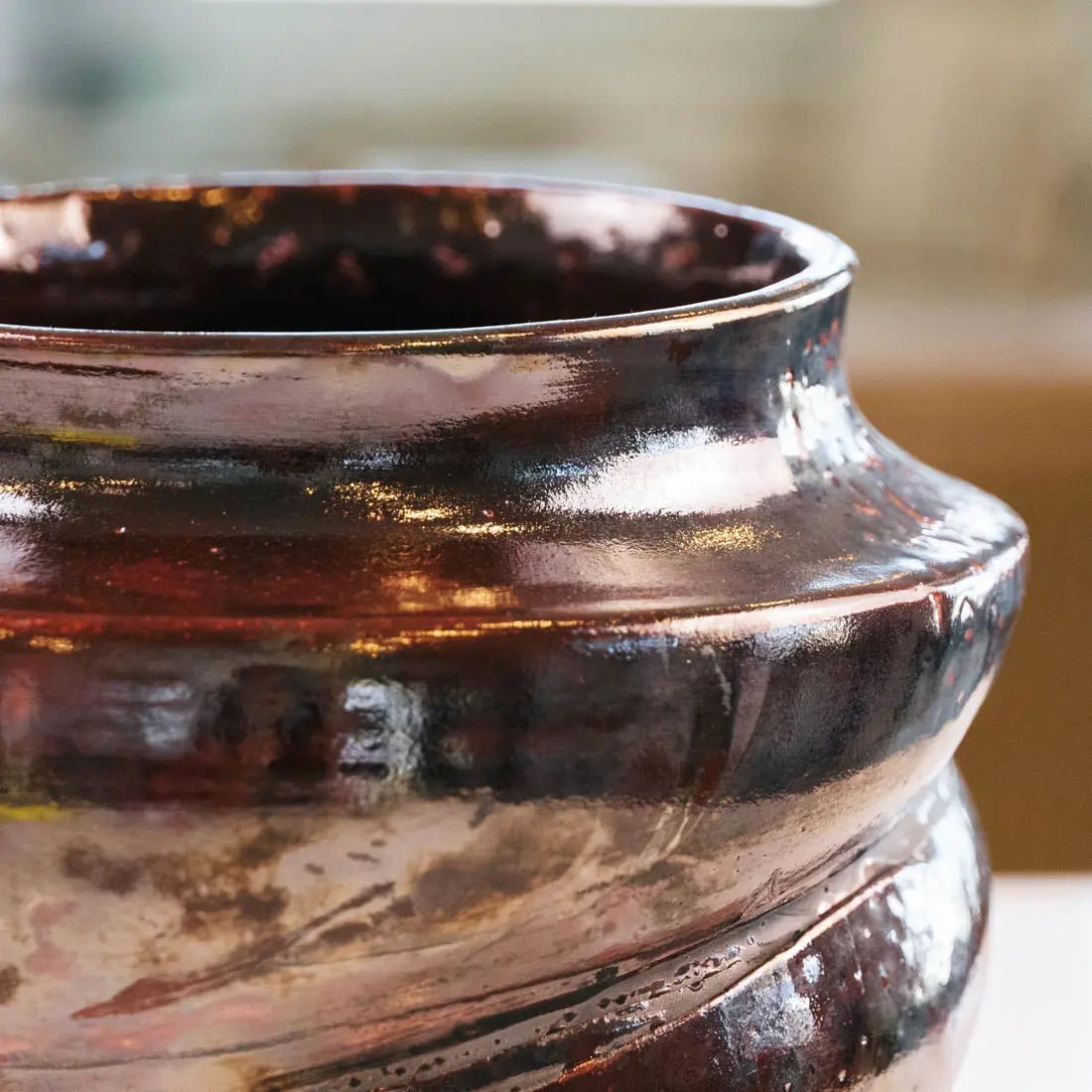 #18 XL Decorative Raku Rubber Band Pot - Spotted Dark Copper & Charcoal - (Creative Collection) - Dan Pearce Ceramics