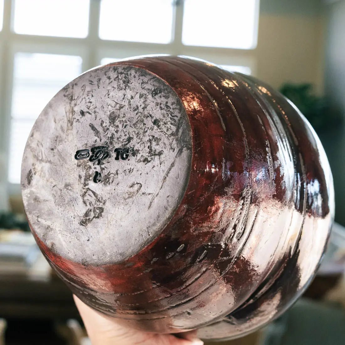 #18 XL Decorative Raku Rubber Band Pot - Spotted Dark Copper & Charcoal - (Creative Collection) - Dan Pearce Ceramics