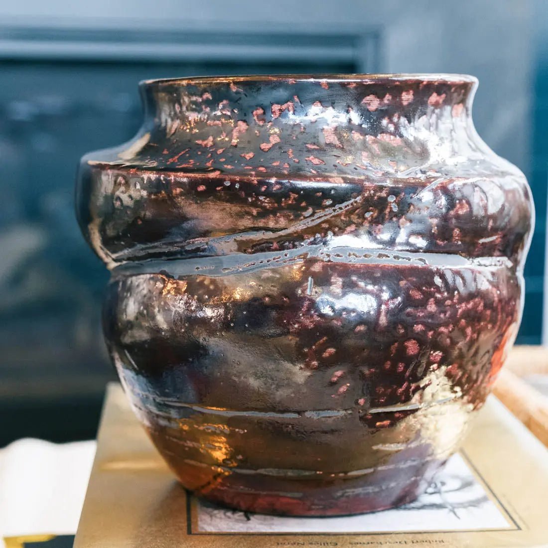 #18 XL Decorative Raku Rubber Band Pot - Spotted Dark Copper & Charcoal - (Creative Collection) - Dan Pearce Ceramics