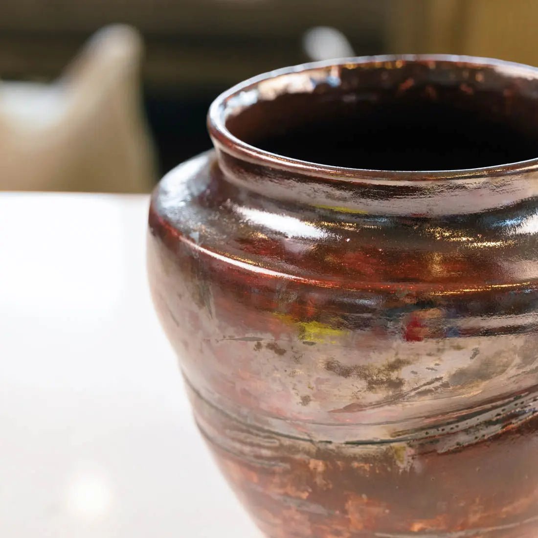 #18 XL Decorative Raku Rubber Band Pot - Spotted Dark Copper & Charcoal - (Creative Collection) - Dan Pearce Ceramics
