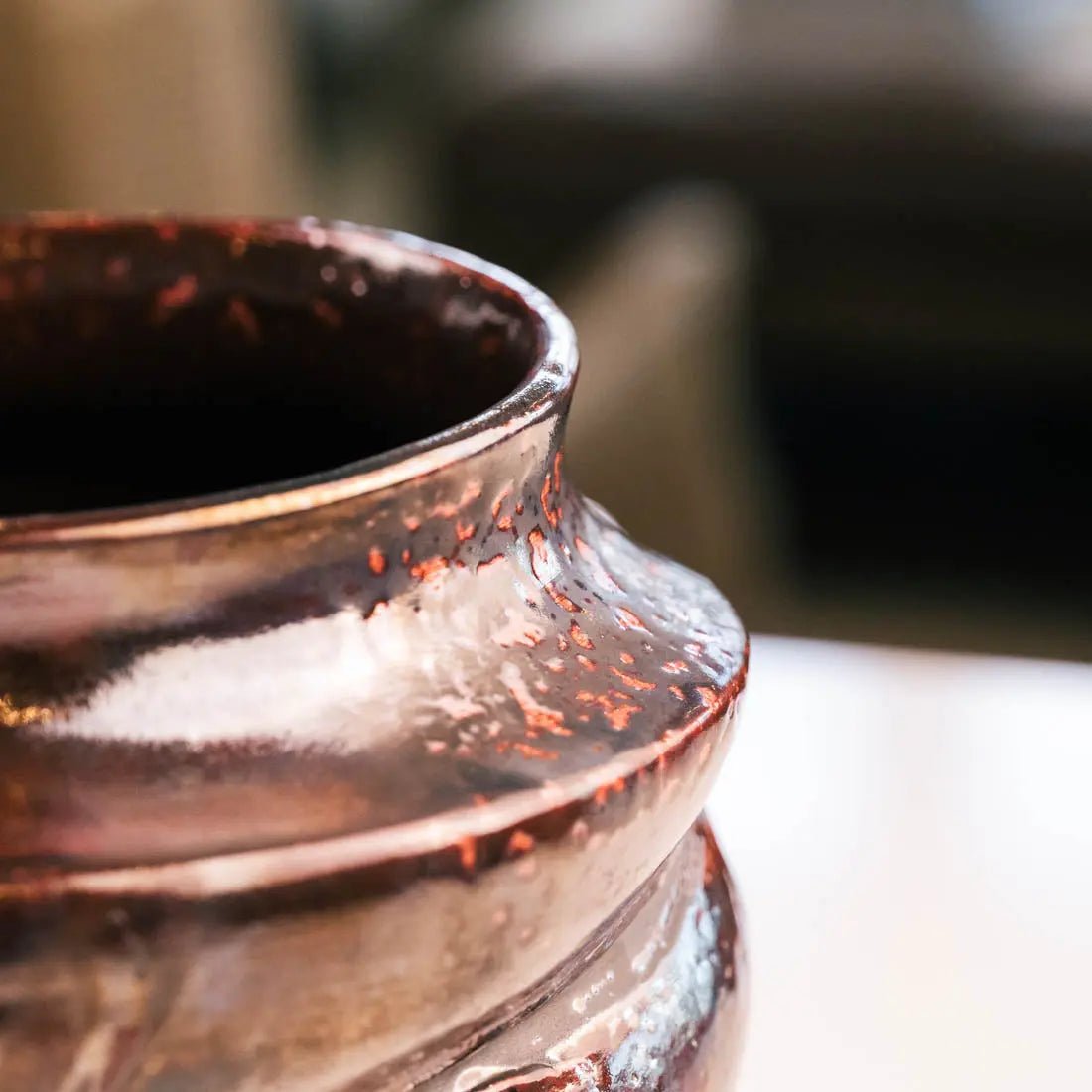 #18 XL Decorative Raku Rubber Band Pot - Spotted Dark Copper & Charcoal - (Creative Collection) - Dan Pearce Ceramics