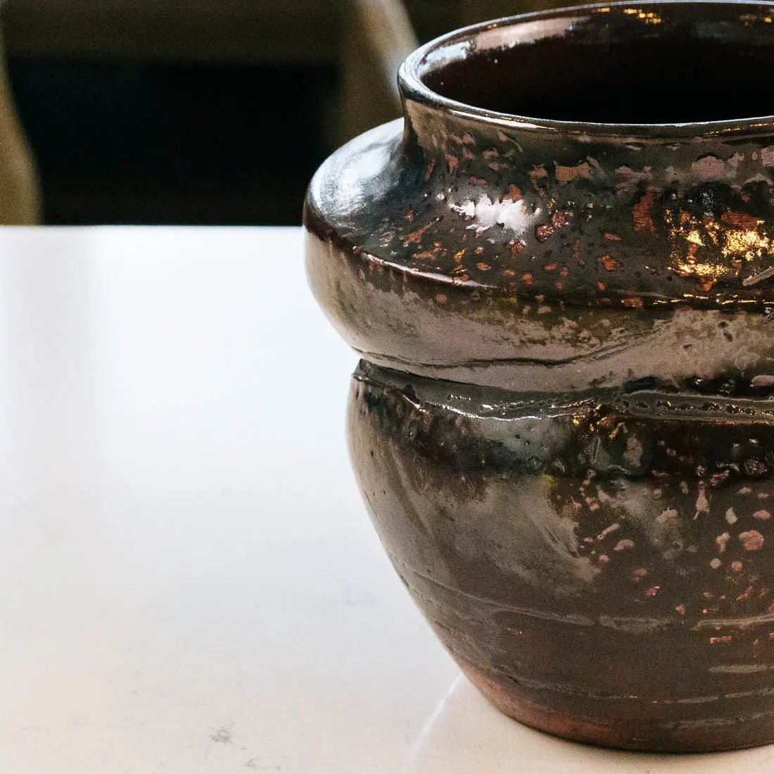 #18 XL Decorative Raku Rubber Band Pot - Spotted Dark Copper & Charcoal - (Creative Collection) - Dan Pearce Ceramics