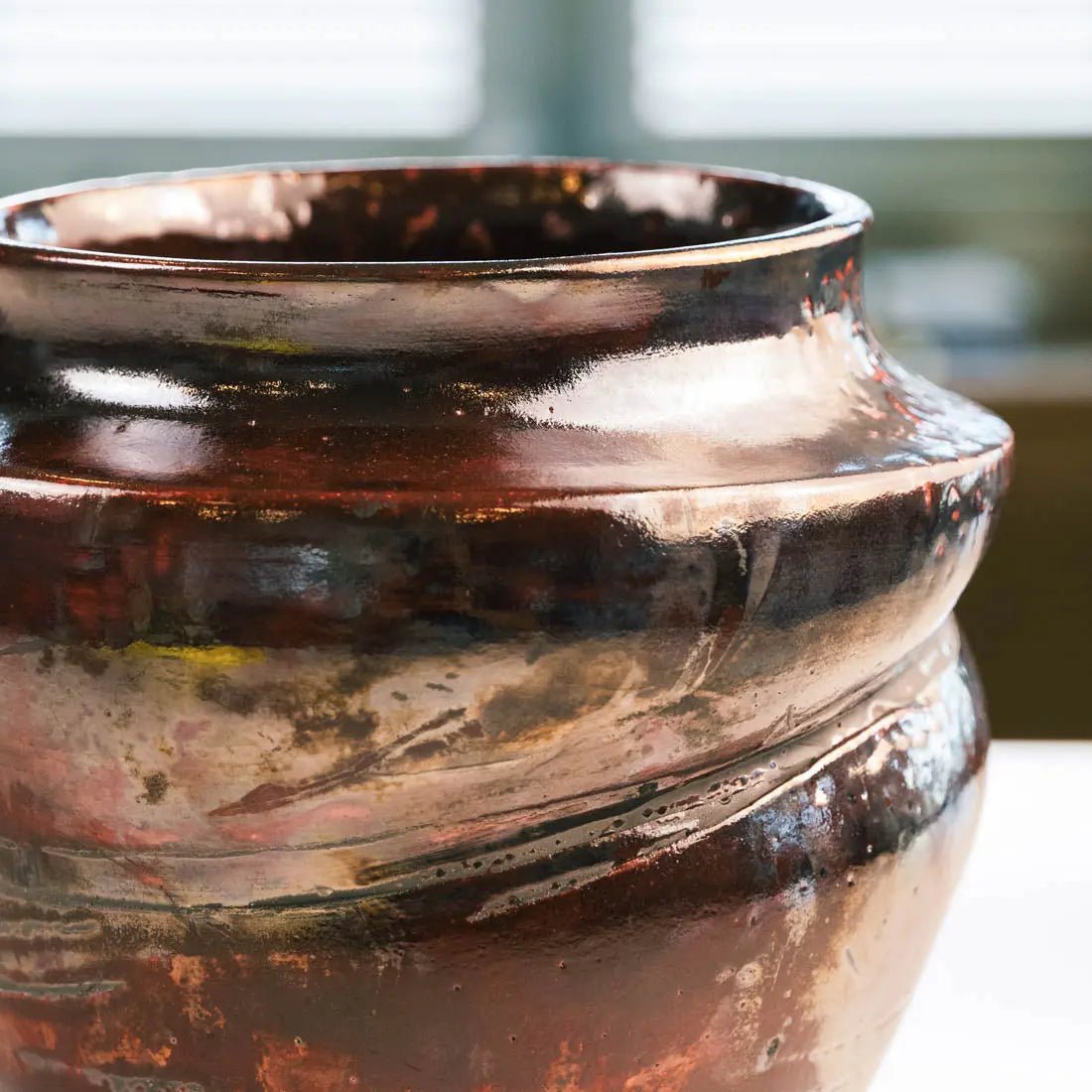 #18 XL Decorative Raku Rubber Band Pot - Spotted Dark Copper & Charcoal - (Creative Collection) - Dan Pearce Ceramics