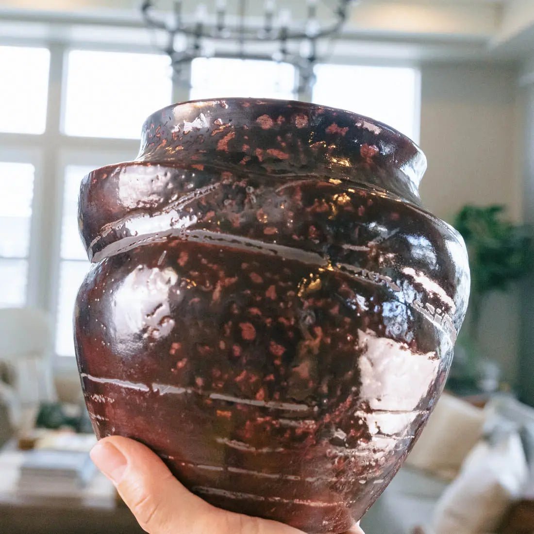 #18 XL Decorative Raku Rubber Band Pot - Spotted Dark Copper & Charcoal - (Creative Collection) - Dan Pearce Ceramics