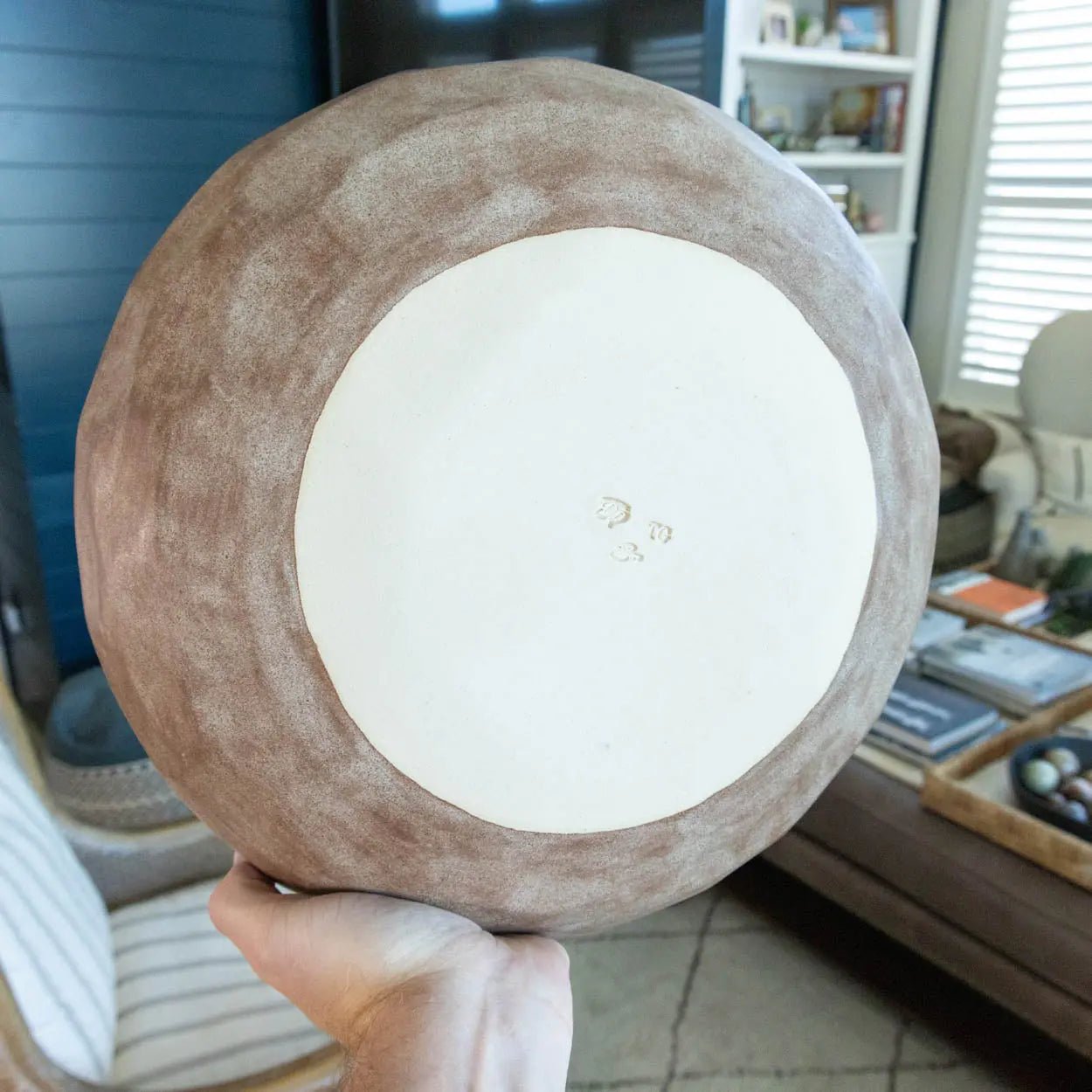 #18 XL Stoneware Rainbow Stripes over Coffee Colored Decorative Serving Bowl (Color Spectrum Series) - Dan Pearce Ceramics