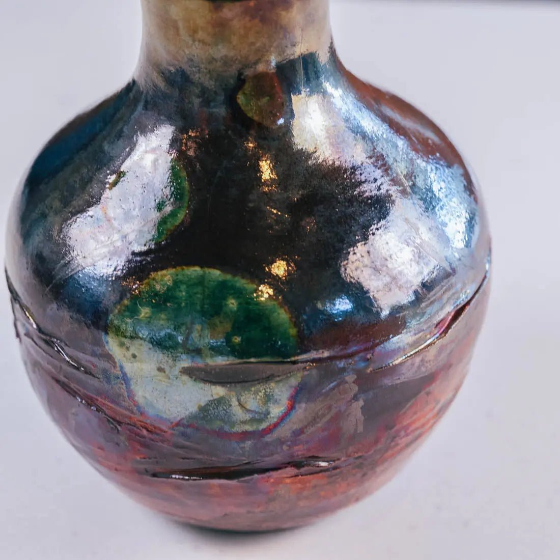 #19 Large Raku Decorative Rubber Band Pot - Greens, Coppers, & Charcoals - (Creative Collection) - Dan Pearce Ceramics