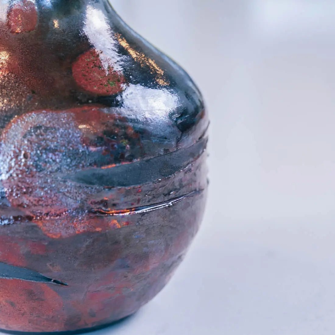 #19 Large Raku Decorative Rubber Band Pot - Greens, Coppers, & Charcoals - (Creative Collection) - Dan Pearce Ceramics