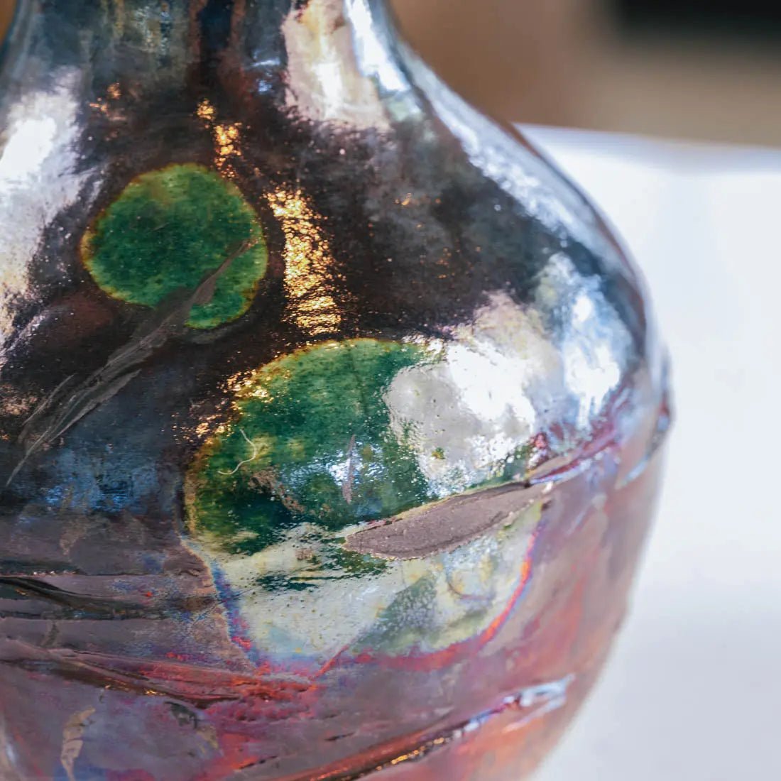 #19 Large Raku Decorative Rubber Band Pot - Greens, Coppers, & Charcoals - (Creative Collection) - Dan Pearce Ceramics