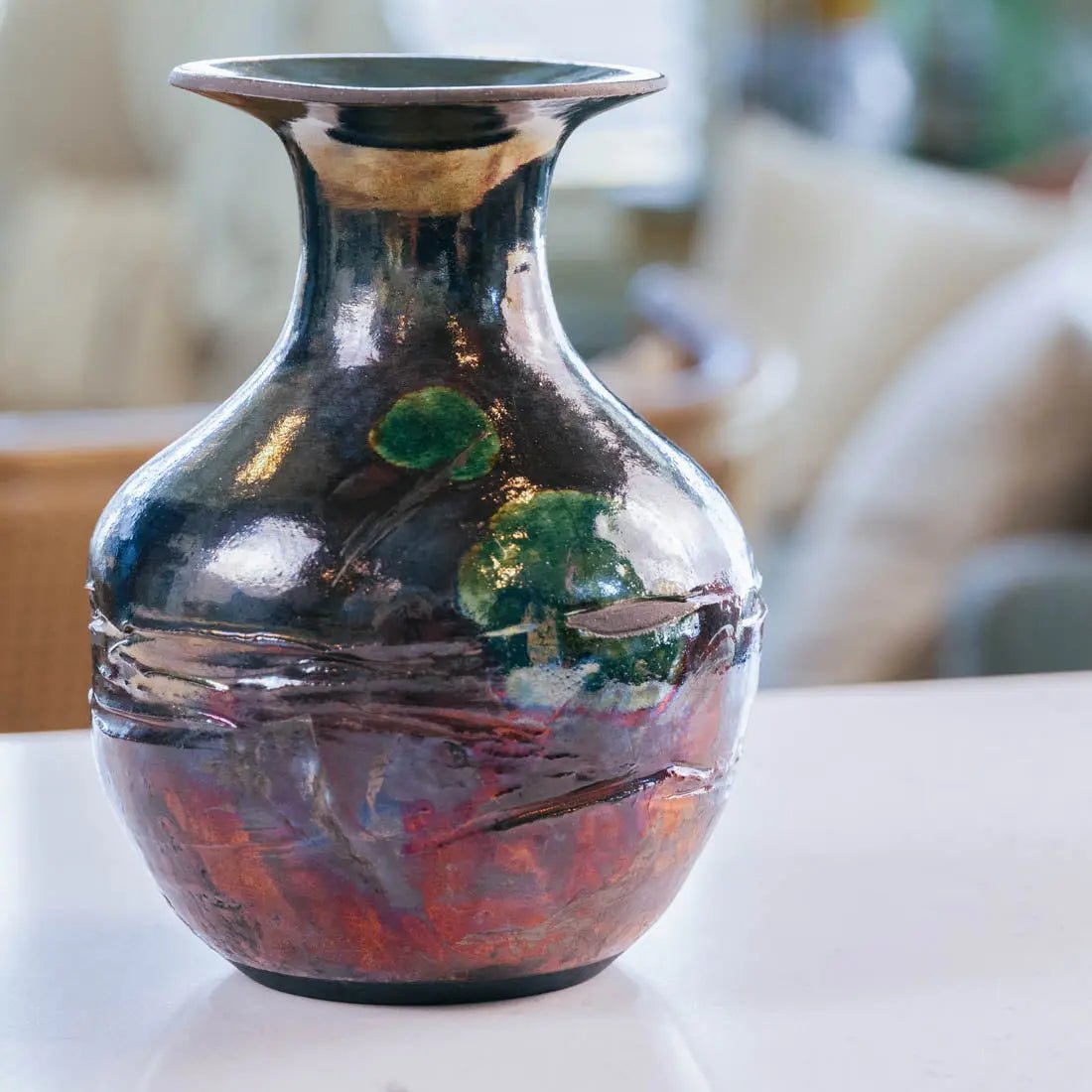 #19 Large Raku Decorative Rubber Band Pot - Greens, Coppers, & Charcoals - (Creative Collection) - Dan Pearce Ceramics
