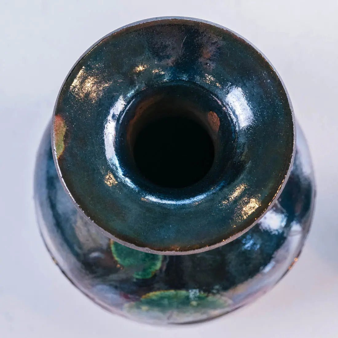 #19 Large Raku Decorative Rubber Band Pot - Greens, Coppers, & Charcoals - (Creative Collection) - Dan Pearce Ceramics