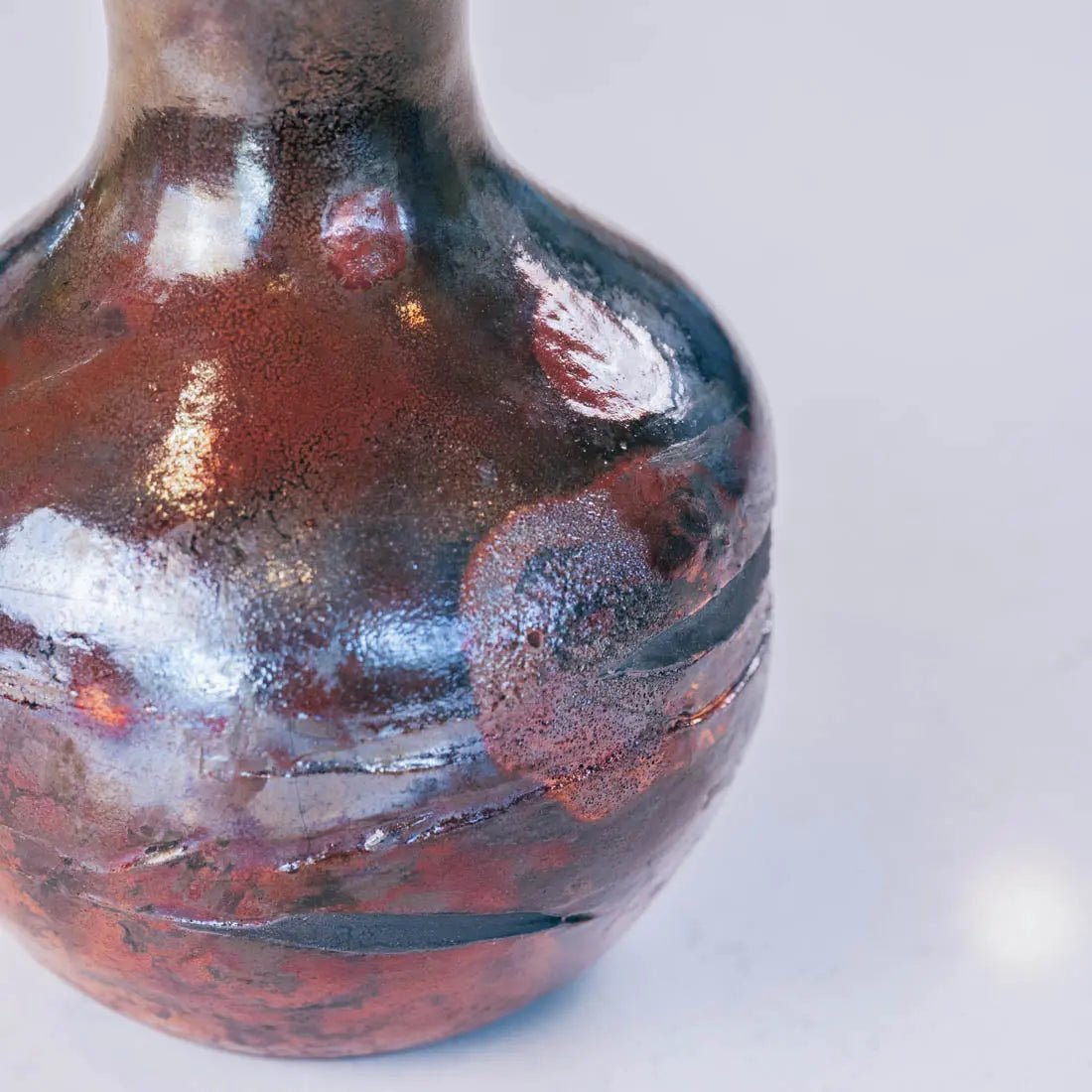 #19 Large Raku Decorative Rubber Band Pot - Greens, Coppers, & Charcoals - (Creative Collection) - Dan Pearce Ceramics