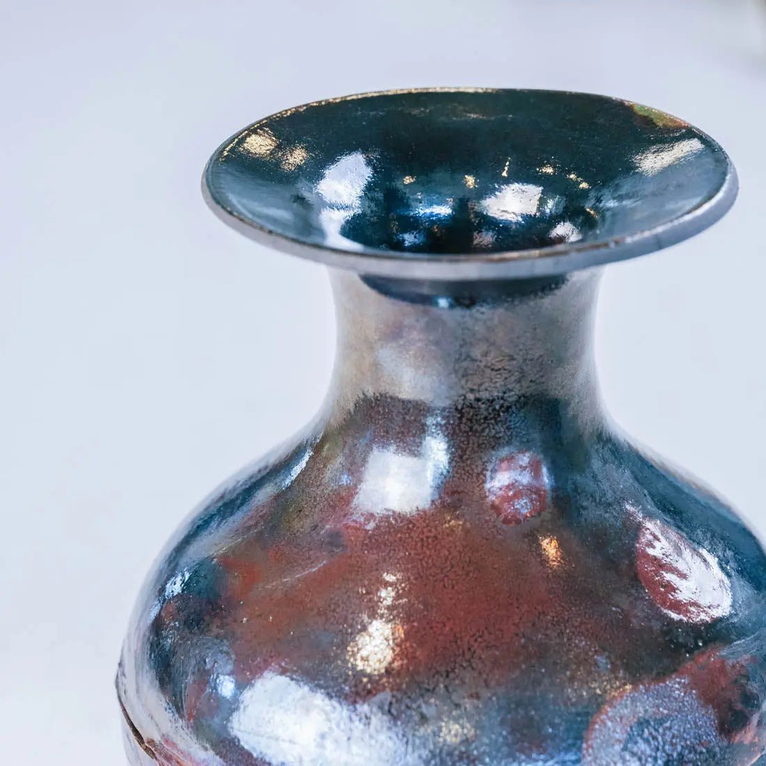 #19 Large Raku Decorative Rubber Band Pot - Greens, Coppers, & Charcoals - (Creative Collection) - Dan Pearce Ceramics