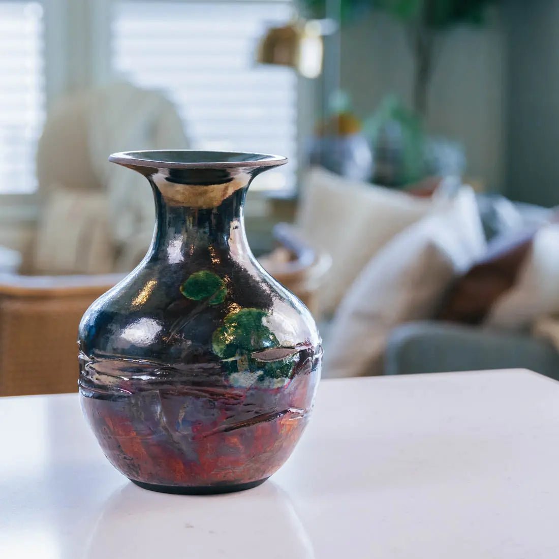 #19 Large Raku Decorative Rubber Band Pot - Greens, Coppers, & Charcoals - (Creative Collection) - Dan Pearce Ceramics
