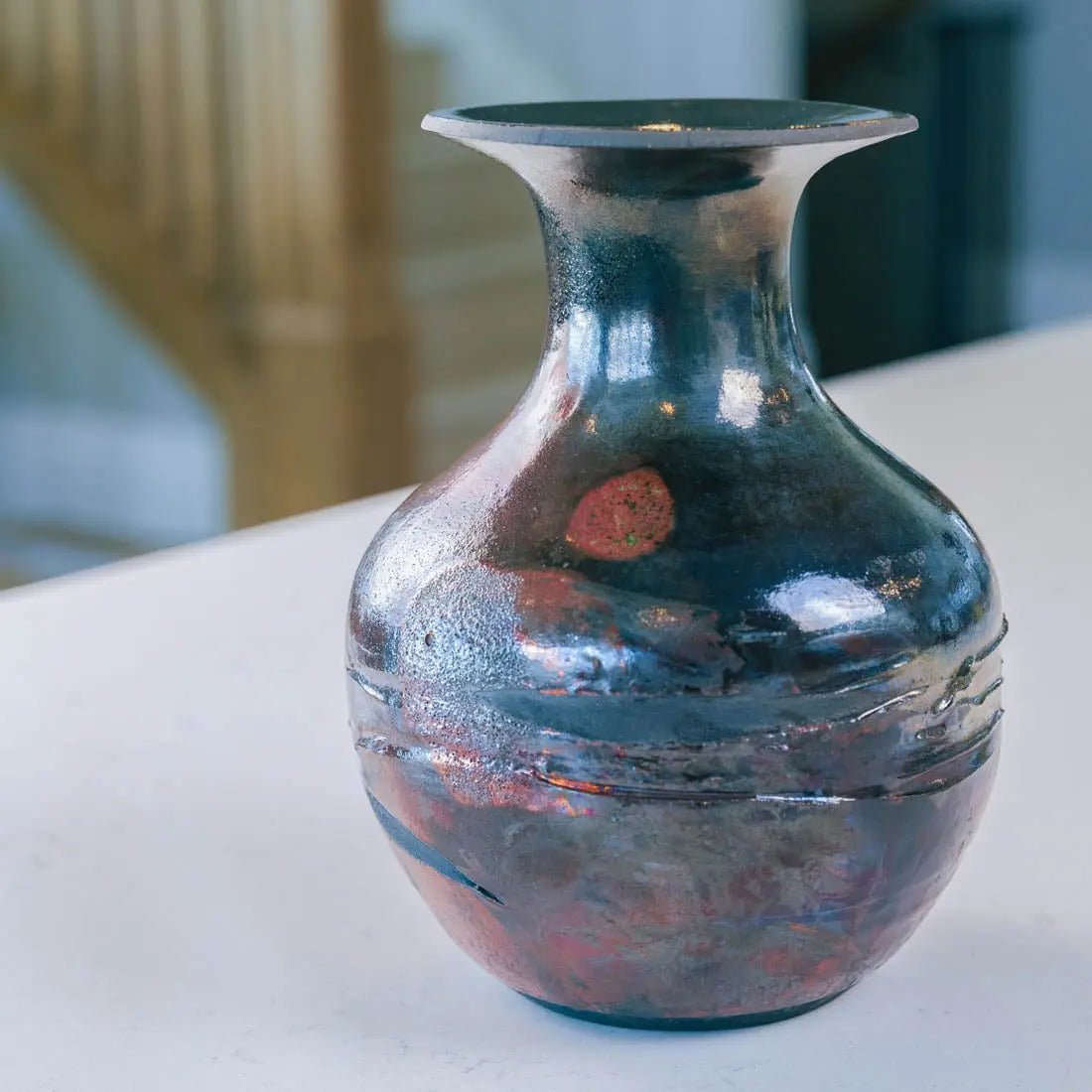 #19 Large Raku Decorative Rubber Band Pot - Greens, Coppers, & Charcoals - (Creative Collection) - Dan Pearce Ceramics