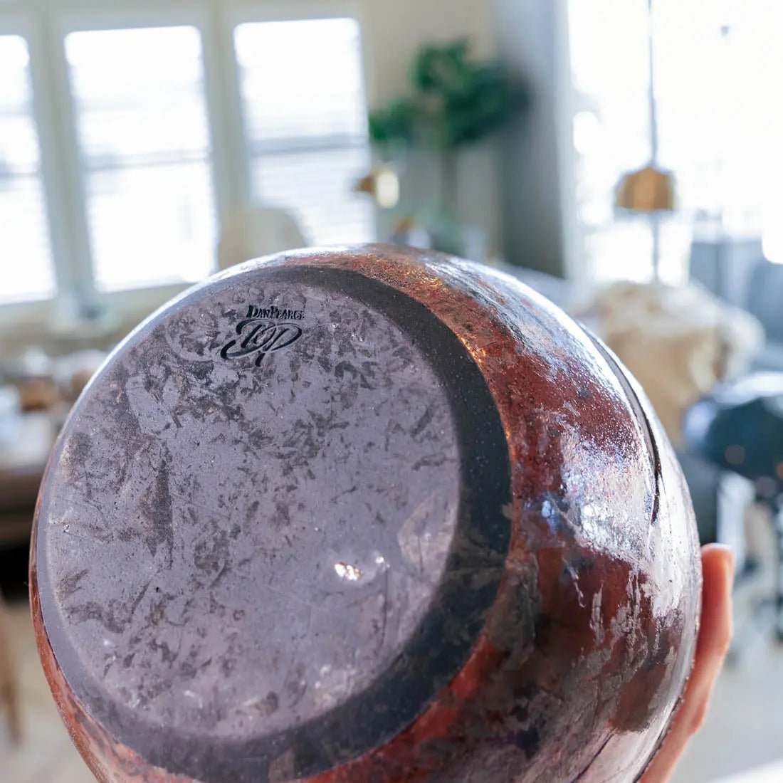 #19 Large Raku Decorative Rubber Band Pot - Greens, Coppers, & Charcoals - (Creative Collection) - Dan Pearce Ceramics