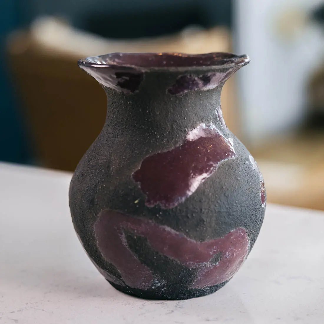 #21 Small Decorative Boiled Raku Pot - Charcoals & Dark Purple - (Creative Collection) - Dan Pearce Ceramics