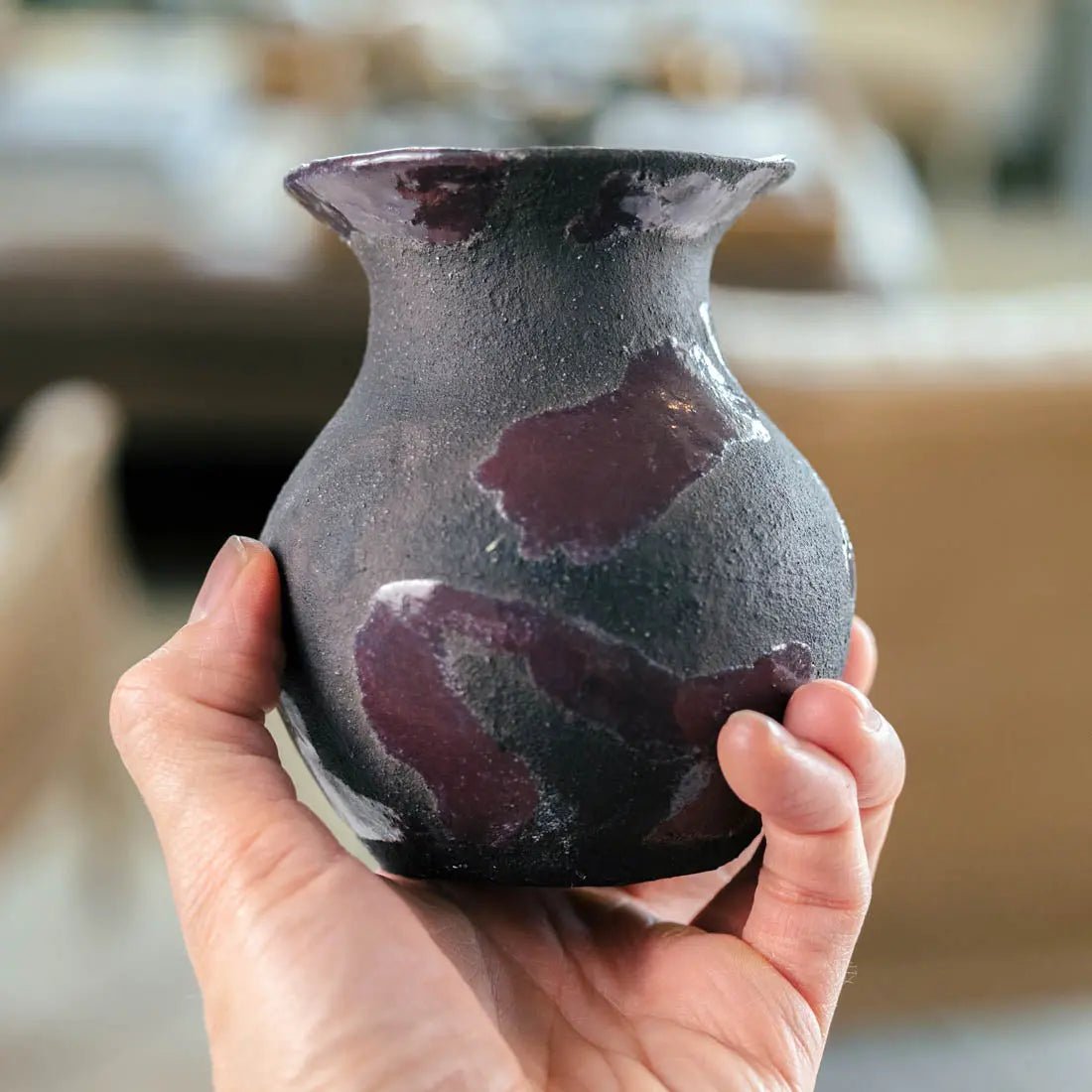 #21 Small Decorative Boiled Raku Pot - Charcoals & Dark Purple - (Creative Collection) - Dan Pearce Ceramics