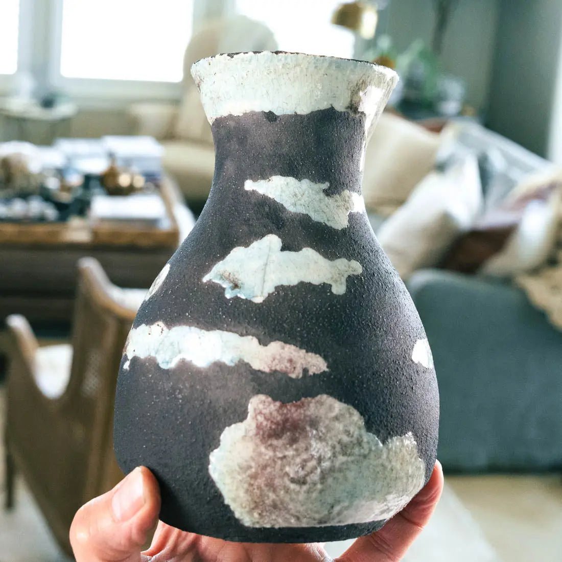 #23 Medium Decorative Boiled Raku Pot - Charcoal & Seafoam - (Creative Collection) SECONDS - Dan Pearce Ceramics