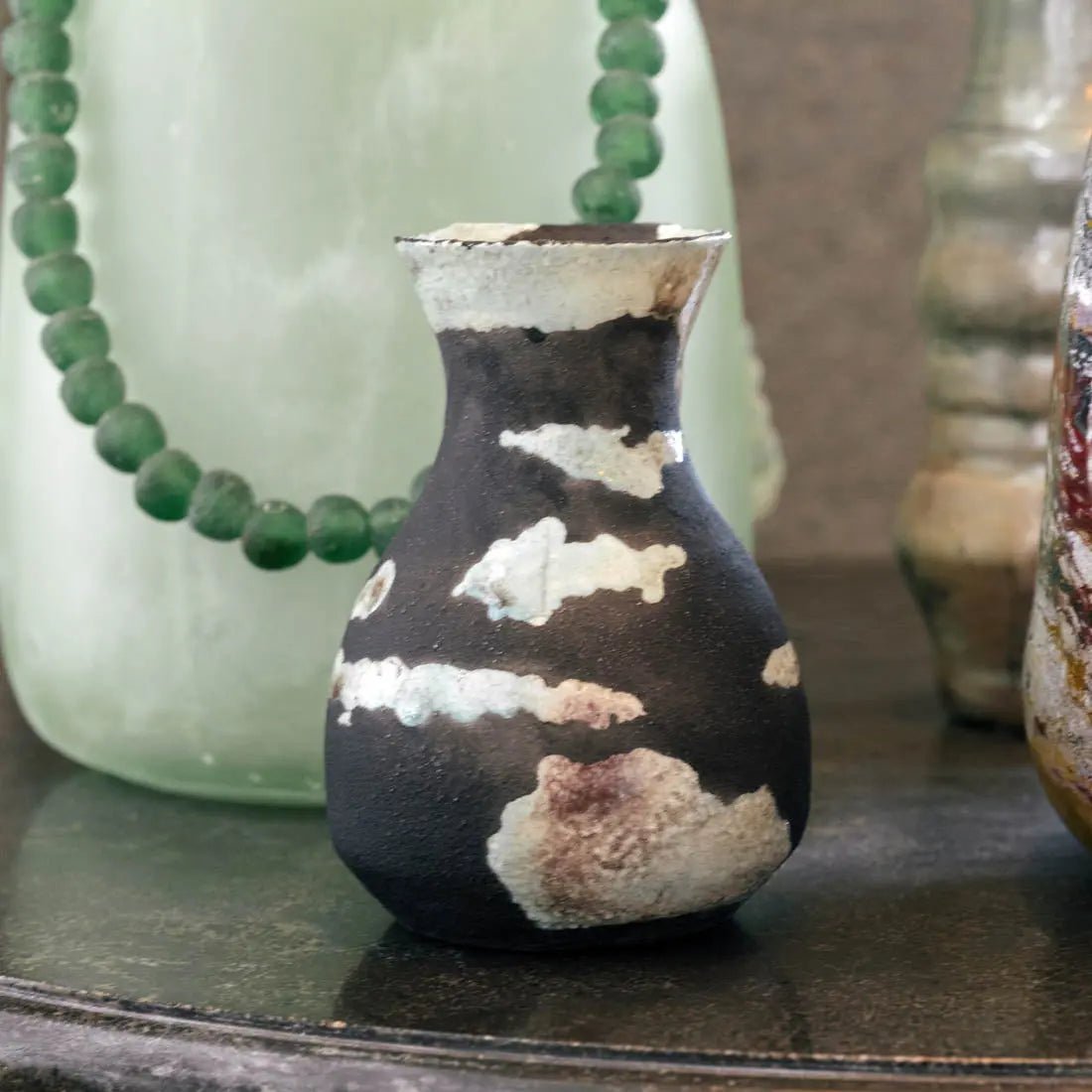 #23 Medium Decorative Boiled Raku Pot - Charcoal & Seafoam - (Creative Collection) SECONDS - Dan Pearce Ceramics