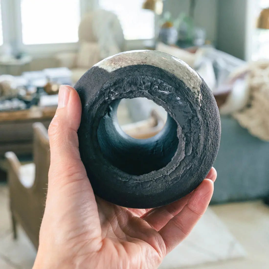 #23 Medium Decorative Boiled Raku Pot - Charcoal & Seafoam - (Creative Collection) SECONDS - Dan Pearce Ceramics
