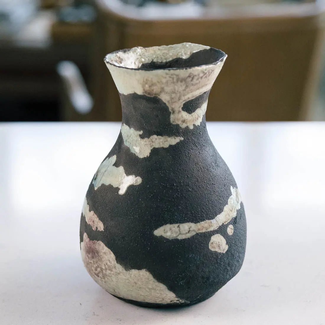 #23 Medium Decorative Boiled Raku Pot - Charcoal & Seafoam - (Creative Collection) SECONDS - Dan Pearce Ceramics