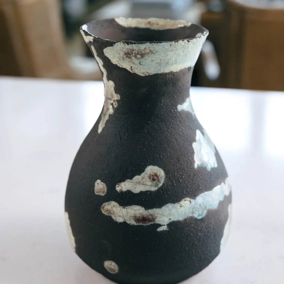 #23 Medium Decorative Boiled Raku Pot - Charcoal & Seafoam - (Creative Collection) SECONDS - Dan Pearce Ceramics