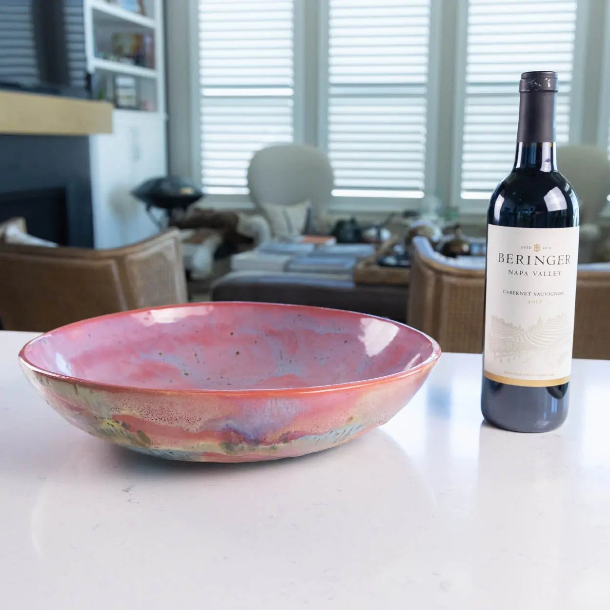 #23 XL Stoneware Abstract Art Exterior with Pinks and Blues Inside Decorative Serving Bowl (Color Spectrum Series) - Dan Pearce Ceramics