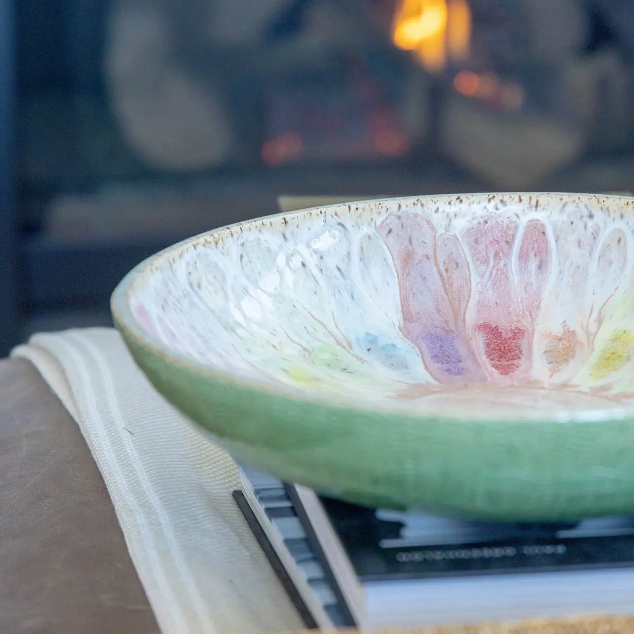 #27 XL Stoneware Seafoam Green Textured Exterior and Rainbow Interior over Specks Decorative Serving Bowl (Color Spectrum Series) - Dan Pearce Ceramics