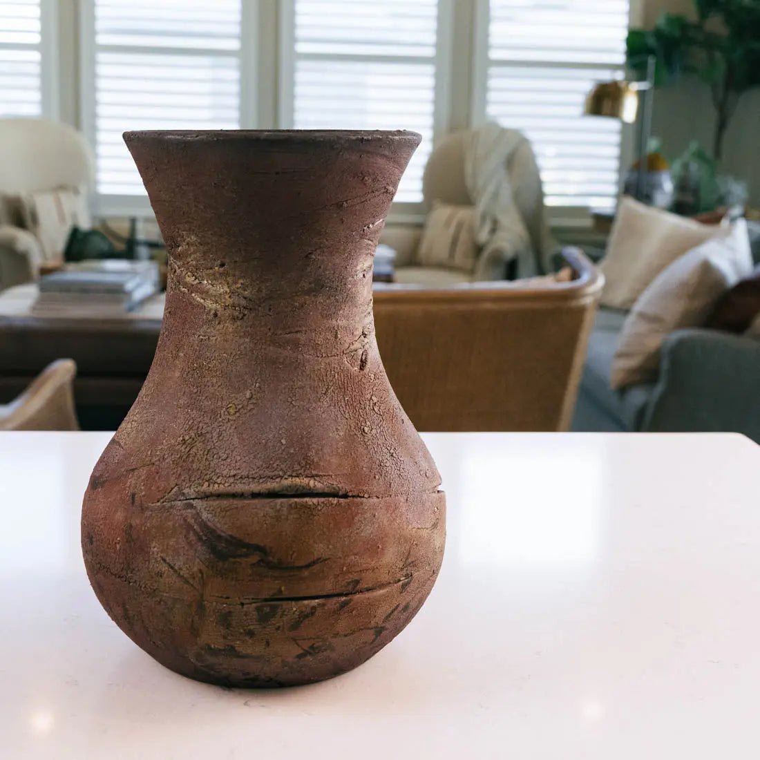 #29 XL Raku Decorative Rubber Band Pot/Vase - Rustic Greens, Dark Coppers, Charcoal - (Creative Collection) - Dan Pearce Ceramics