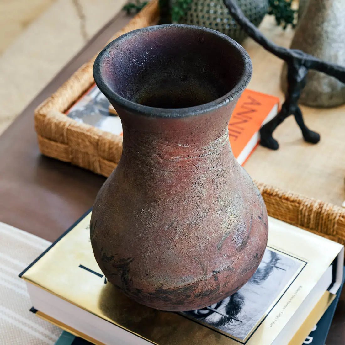 #29 XL Raku Decorative Rubber Band Pot/Vase - Rustic Greens, Dark Coppers, Charcoal - (Creative Collection) - Dan Pearce Ceramics