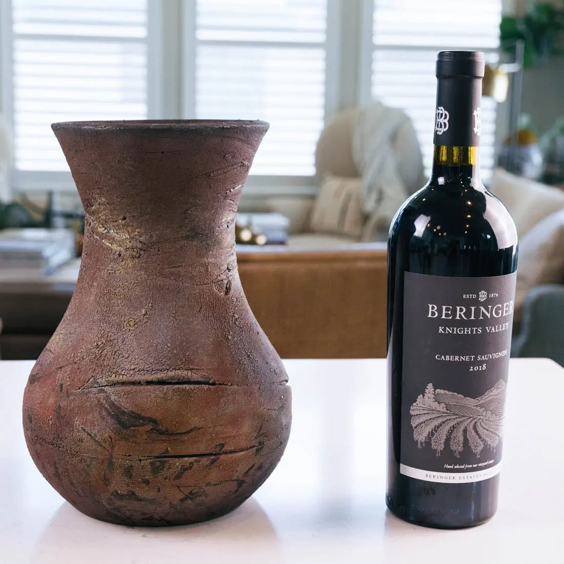 #29 XL Raku Decorative Rubber Band Pot/Vase - Rustic Greens, Dark Coppers, Charcoal - (Creative Collection) - Dan Pearce Ceramics