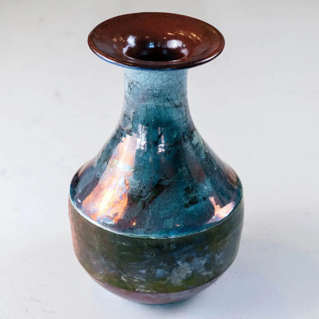 #33 Large Raku Decorative Pot - Turquoise, Copper, & Greens - (Creative Collection) - Dan Pearce Ceramics