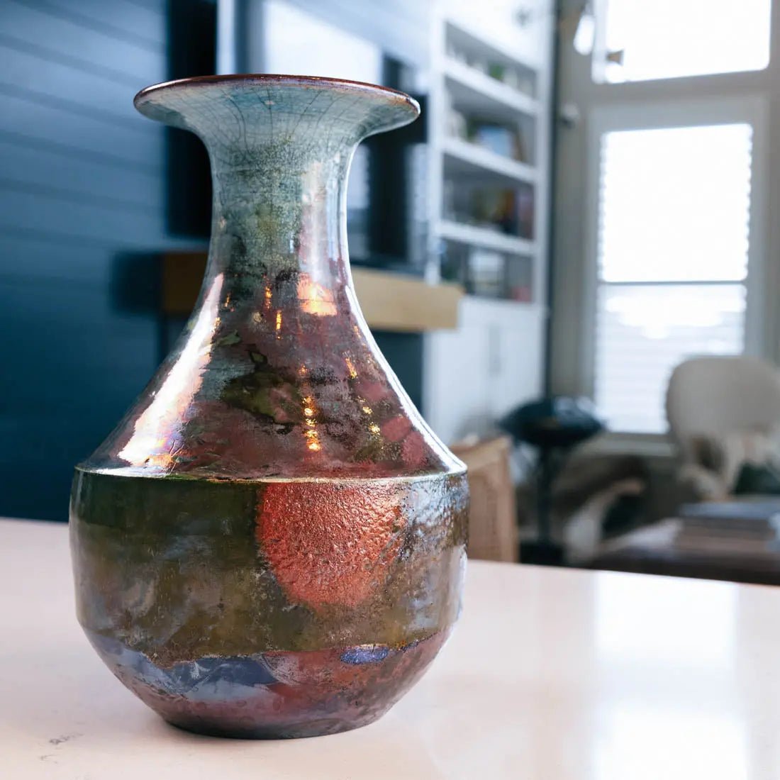 #33 Large Raku Decorative Pot - Turquoise, Copper, & Greens - (Creative Collection) - Dan Pearce Ceramics