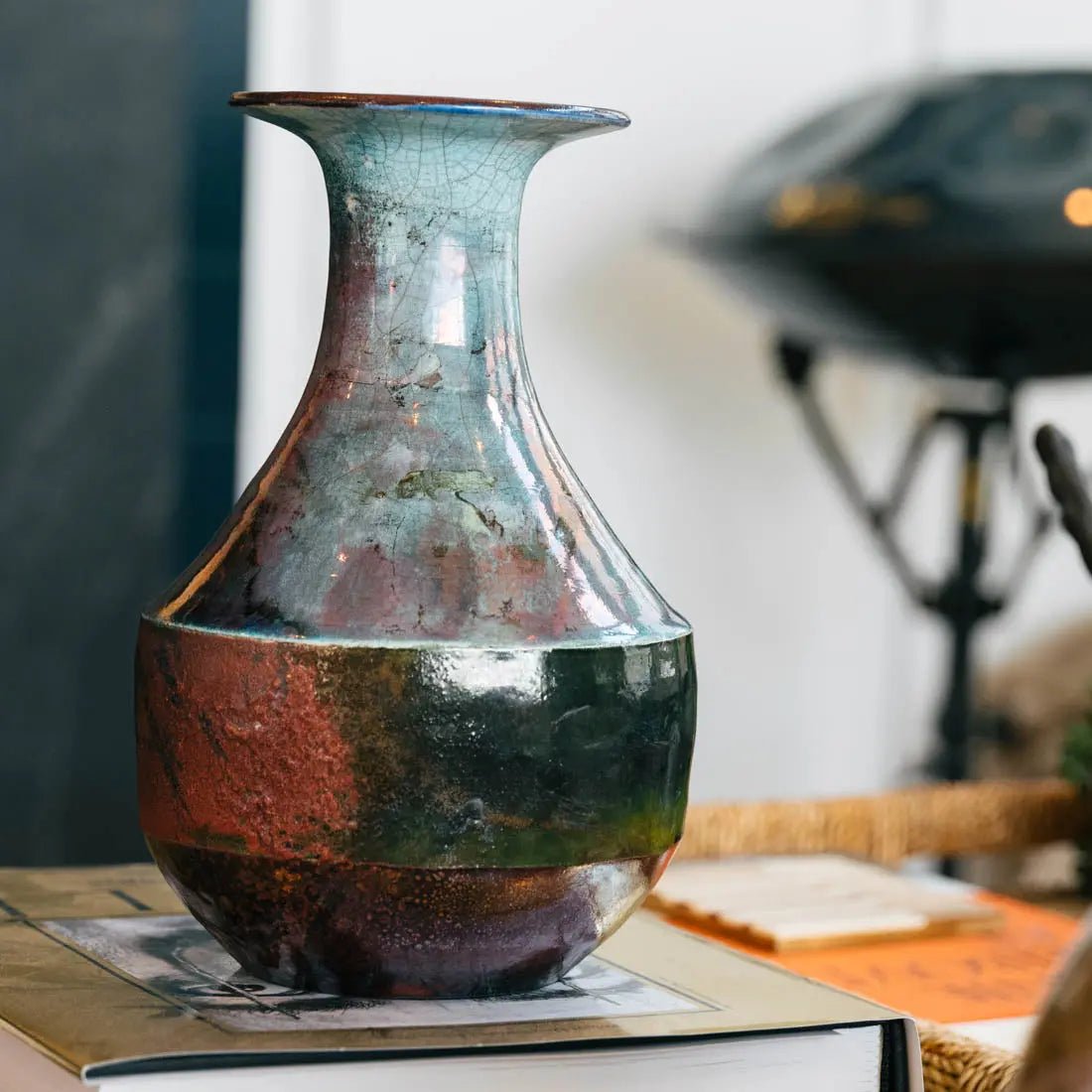 #33 Large Raku Decorative Pot - Turquoise, Copper, & Greens - (Creative Collection) - Dan Pearce Ceramics