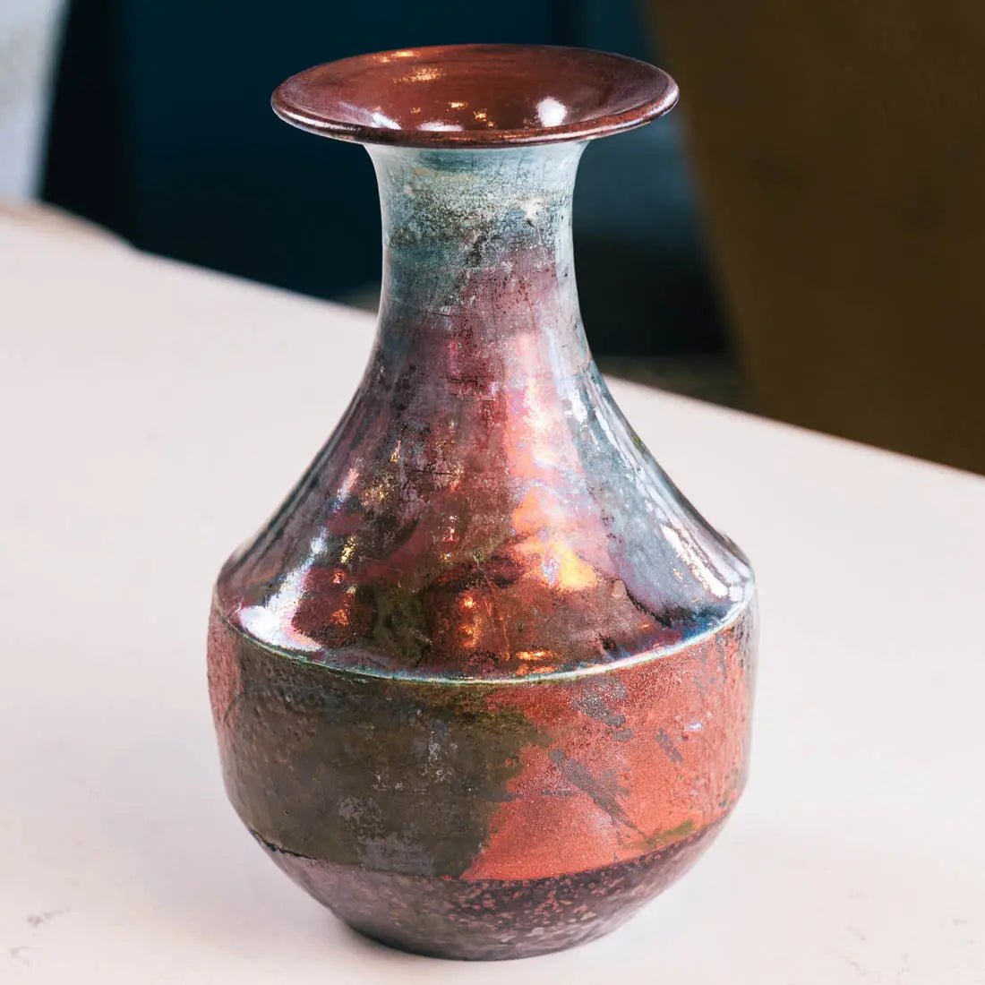 #33 Large Raku Decorative Pot - Turquoise, Copper, & Greens - (Creative Collection) - Dan Pearce Ceramics