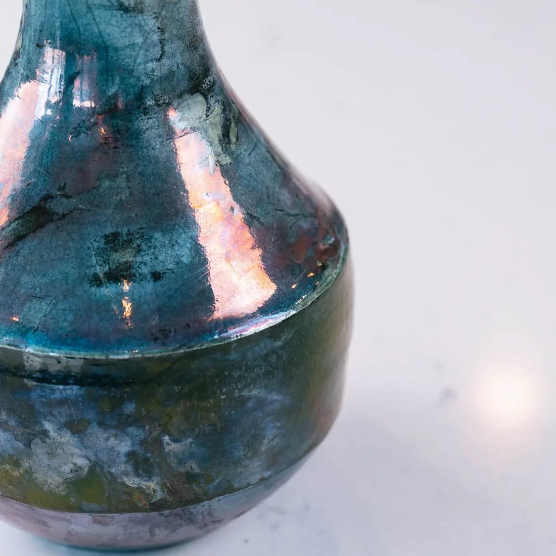 #33 Large Raku Decorative Pot - Turquoise, Copper, & Greens - (Creative Collection) - Dan Pearce Ceramics