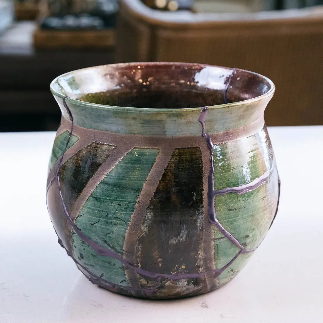 #34 Large Raku KINTSUGI Decorative Pot - Leafy Greens, Coppers, & Iron - (Creative Collection) - Dan Pearce Ceramics