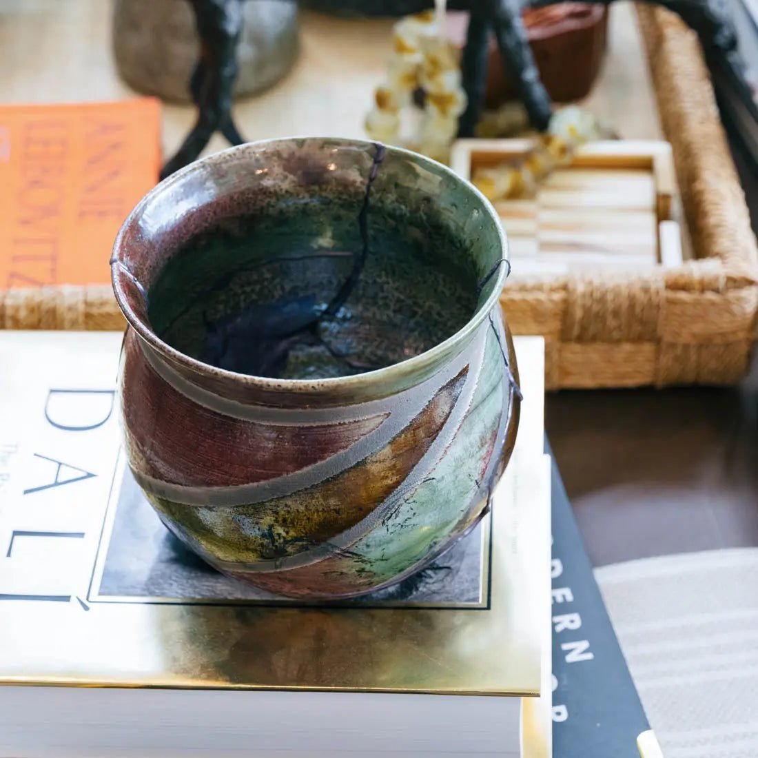 #34 Large Raku KINTSUGI Decorative Pot - Leafy Greens, Coppers, & Iron - (Creative Collection) - Dan Pearce Ceramics