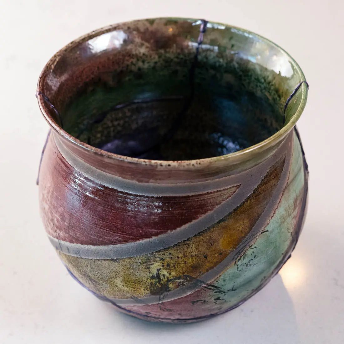 #34 Large Raku KINTSUGI Decorative Pot - Leafy Greens, Coppers, & Iron - (Creative Collection) - Dan Pearce Ceramics