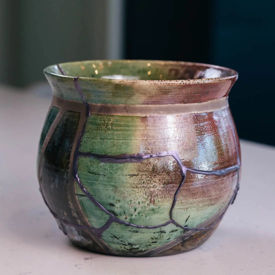 #34 Large Raku KINTSUGI Decorative Pot - Leafy Greens, Coppers, & Iron - (Creative Collection) - Dan Pearce Ceramics