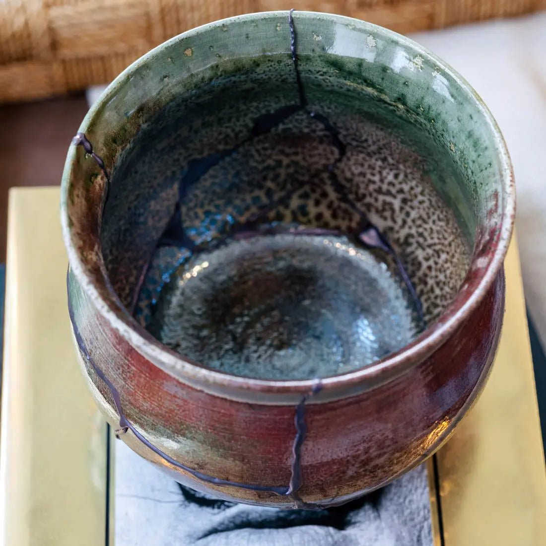 #34 Large Raku KINTSUGI Decorative Pot - Leafy Greens, Coppers, & Iron - (Creative Collection) - Dan Pearce Ceramics