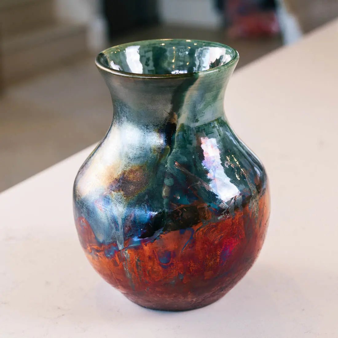 #39 Large Stoneware Decorative Raku Pot - Coppers & Greens - (Creative Collection) - Dan Pearce Ceramics