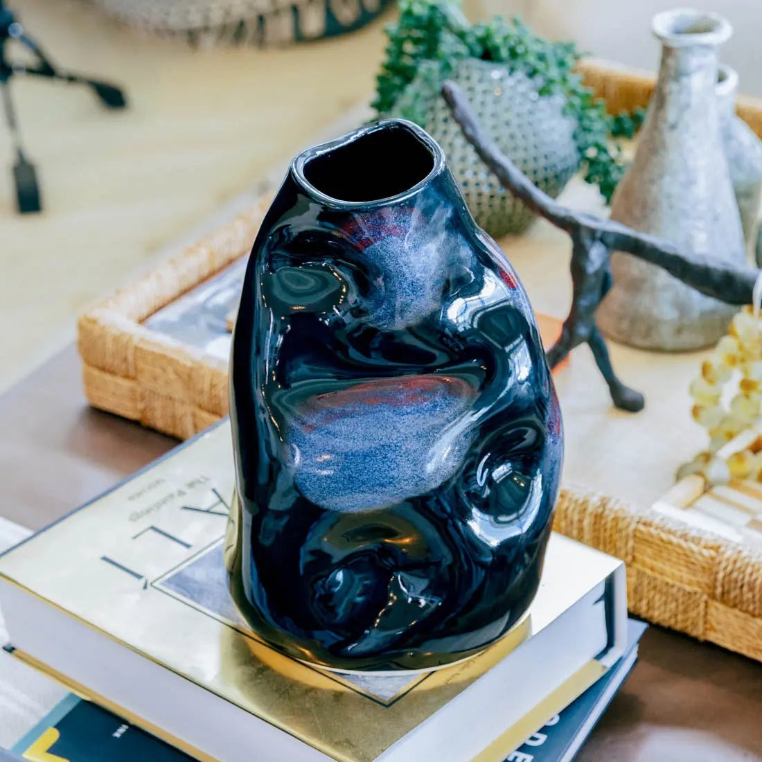 #49 XL Stoneware Decorative Manipulated Pot - Obsidian, with Burgundy & Blue Tones - (Creative Collection) - Dan Pearce Ceramics