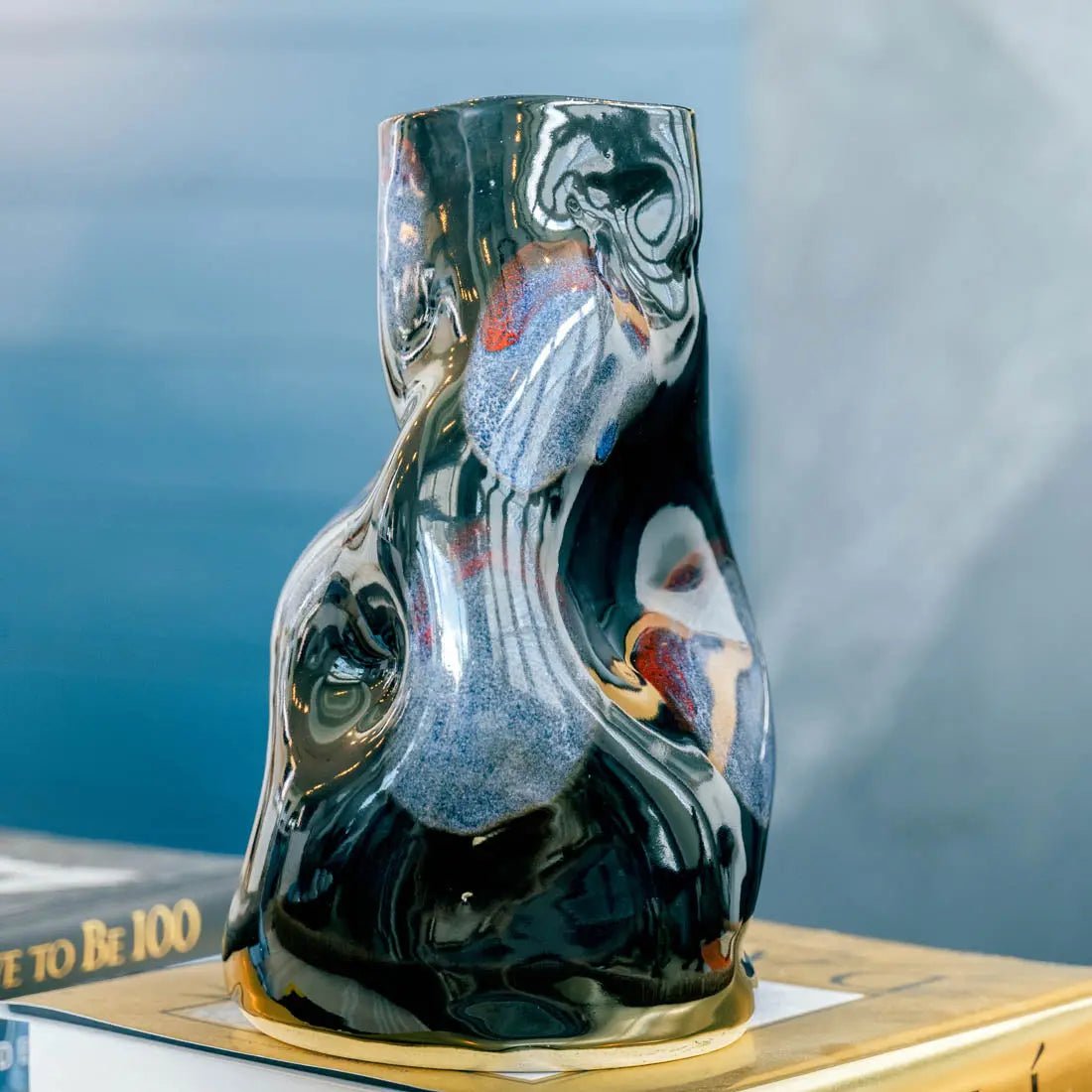 #49 XL Stoneware Decorative Manipulated Pot - Obsidian, with Burgundy & Blue Tones - (Creative Collection) - Dan Pearce Ceramics