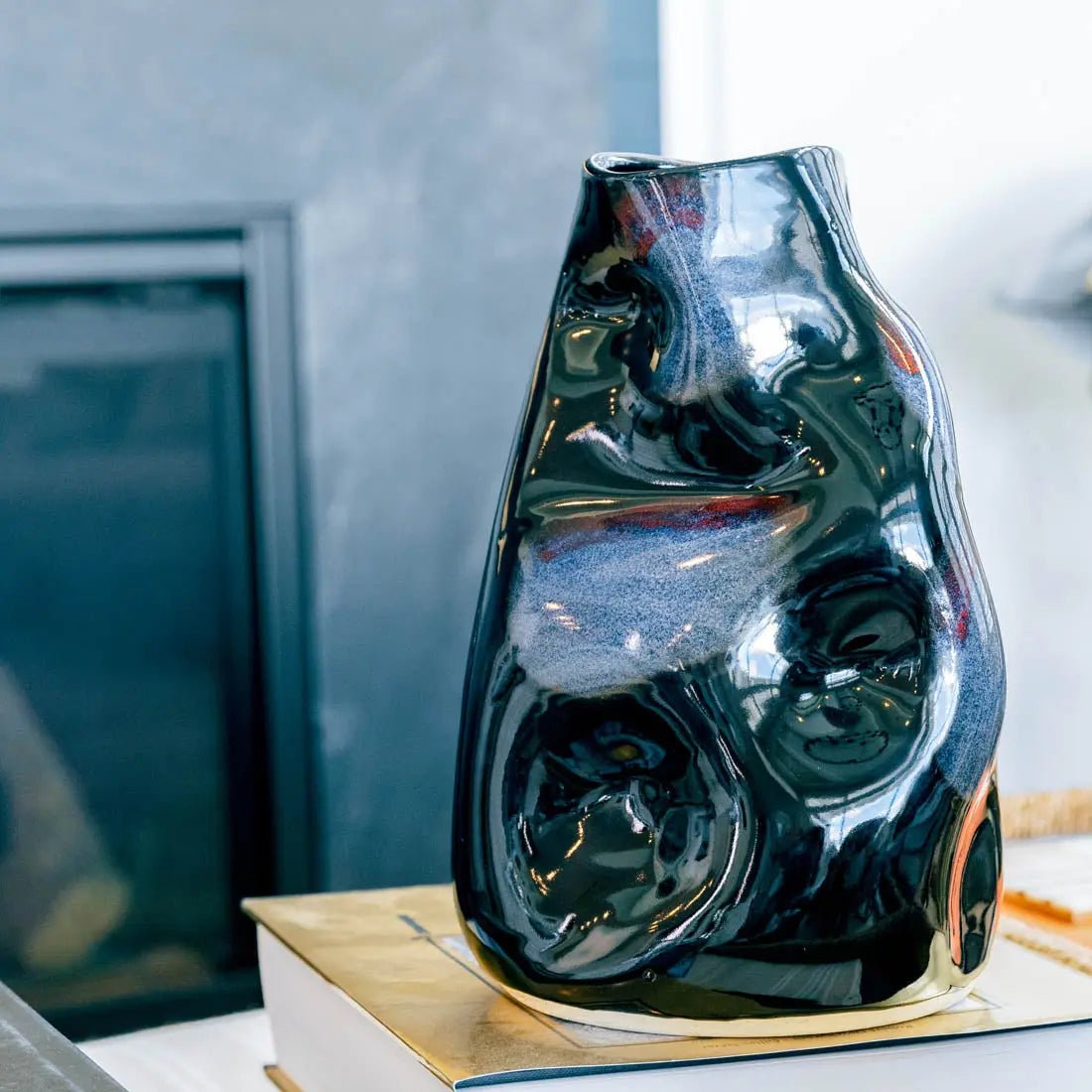 #49 XL Stoneware Decorative Manipulated Pot - Obsidian, with Burgundy & Blue Tones - (Creative Collection) - Dan Pearce Ceramics