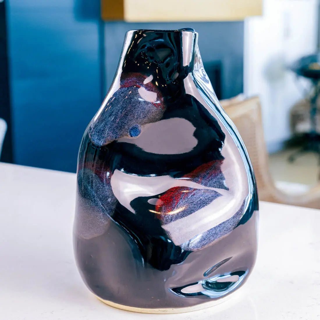 #49 XL Stoneware Decorative Manipulated Pot - Obsidian, with Burgundy & Blue Tones - (Creative Collection) - Dan Pearce Ceramics
