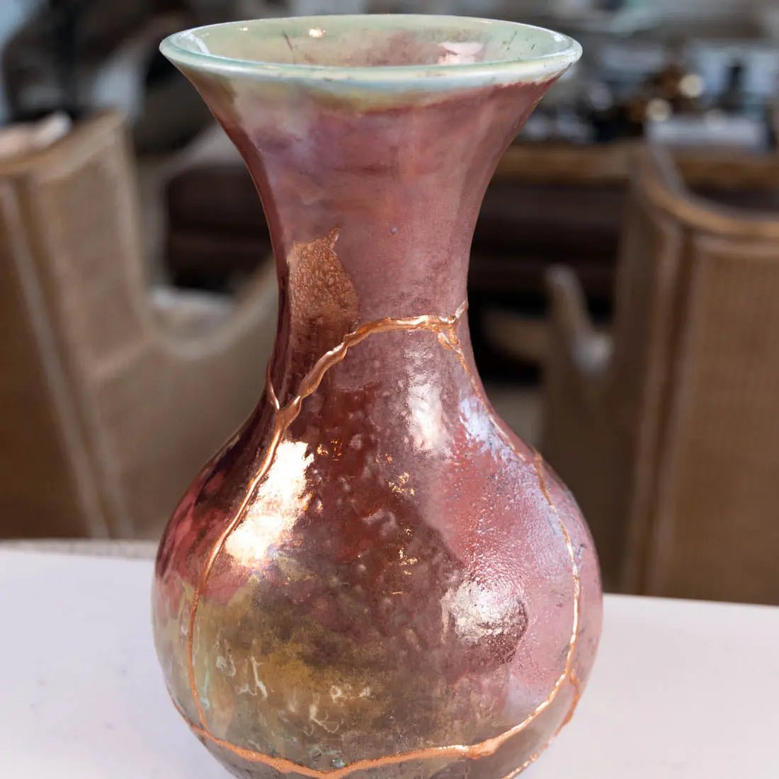 #54 XXL KINTSUGI Raku Decorative Pot/Vase - Coppers & Seafoam - (Creative Collection) - Dan Pearce Ceramics