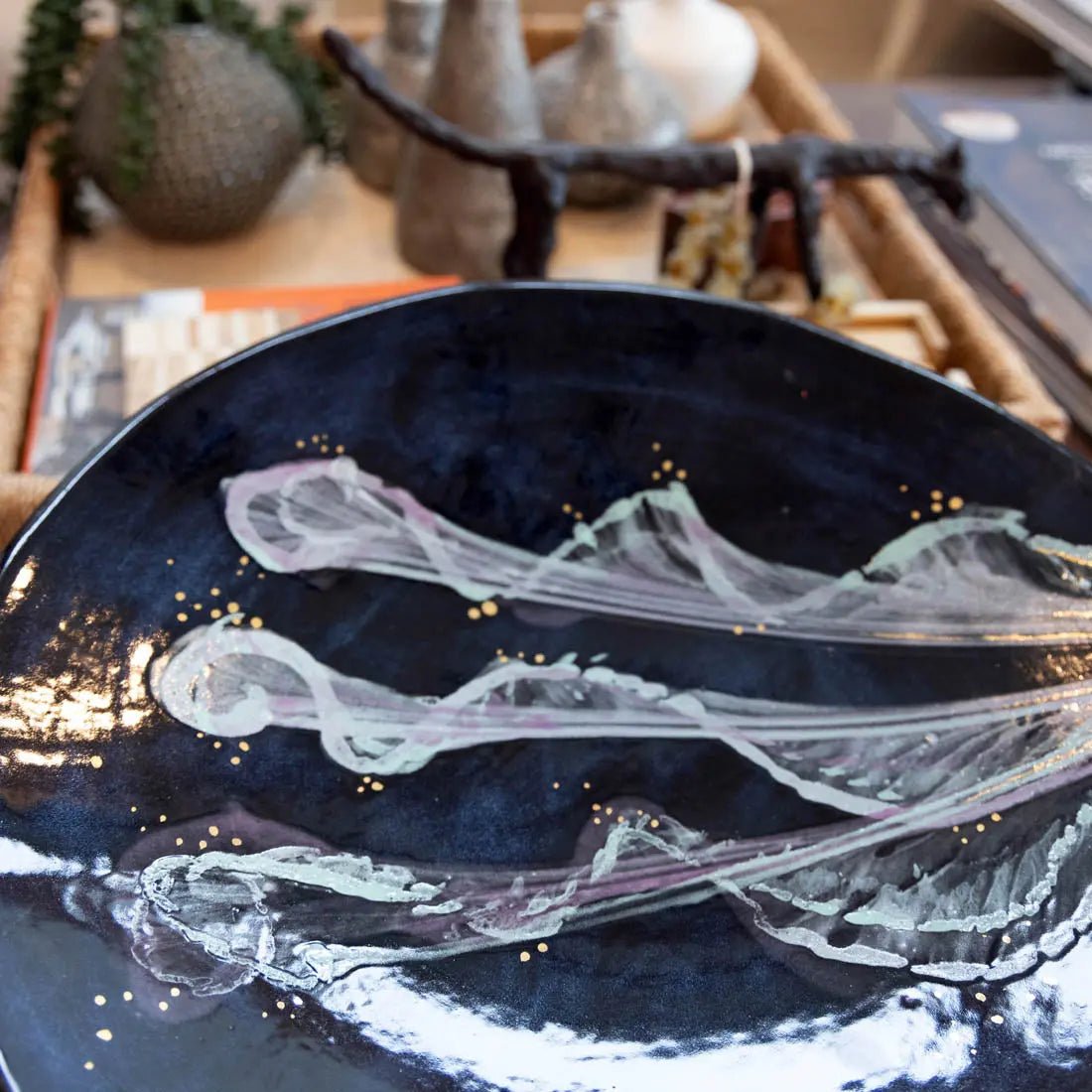 #55 XL Gray Stoneware Serving Platter - Abstract Art with REAL GOLD - (Creative Collection) - Dan Pearce Ceramics